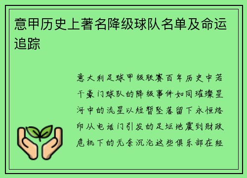 意甲历史上著名降级球队名单及命运追踪