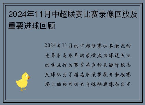 2024年11月中超联赛比赛录像回放及重要进球回顾