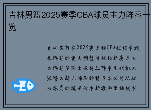 吉林男篮2025赛季CBA球员主力阵容一览